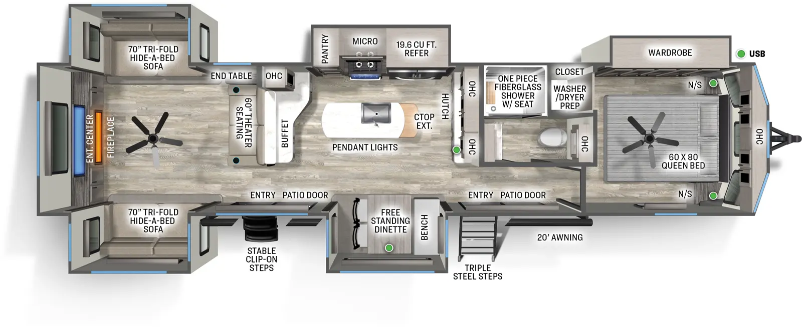 The Sandpiper Destination 403RD floorplan has two entries and five slide outs. Exterior features include: fiberglass exterior and 20' awning. Interiors features include: kitchen island, free-standing dinette option, front bedroom and rear living.